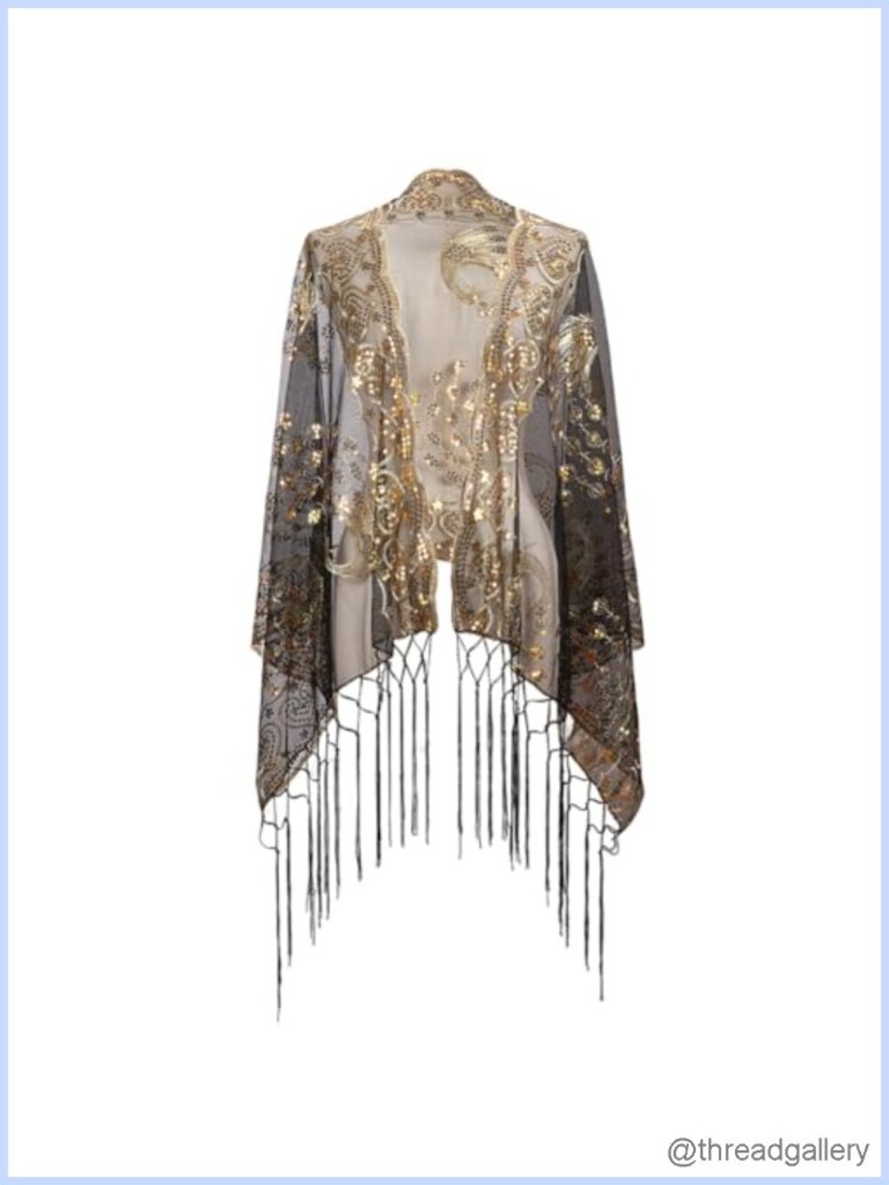 Sequined Floral Lace Shawl Wrap with Fringe Tassels - 1920s Vintage Chiffon